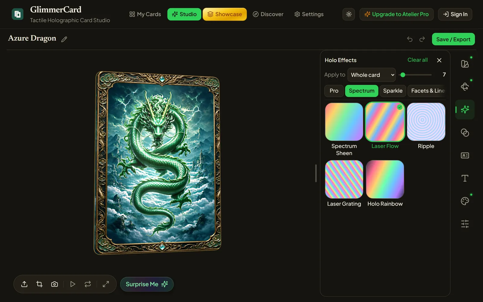 GlimmerCard Studio on desktop, with the Holo Effects panel open beside the Azure Dragon card