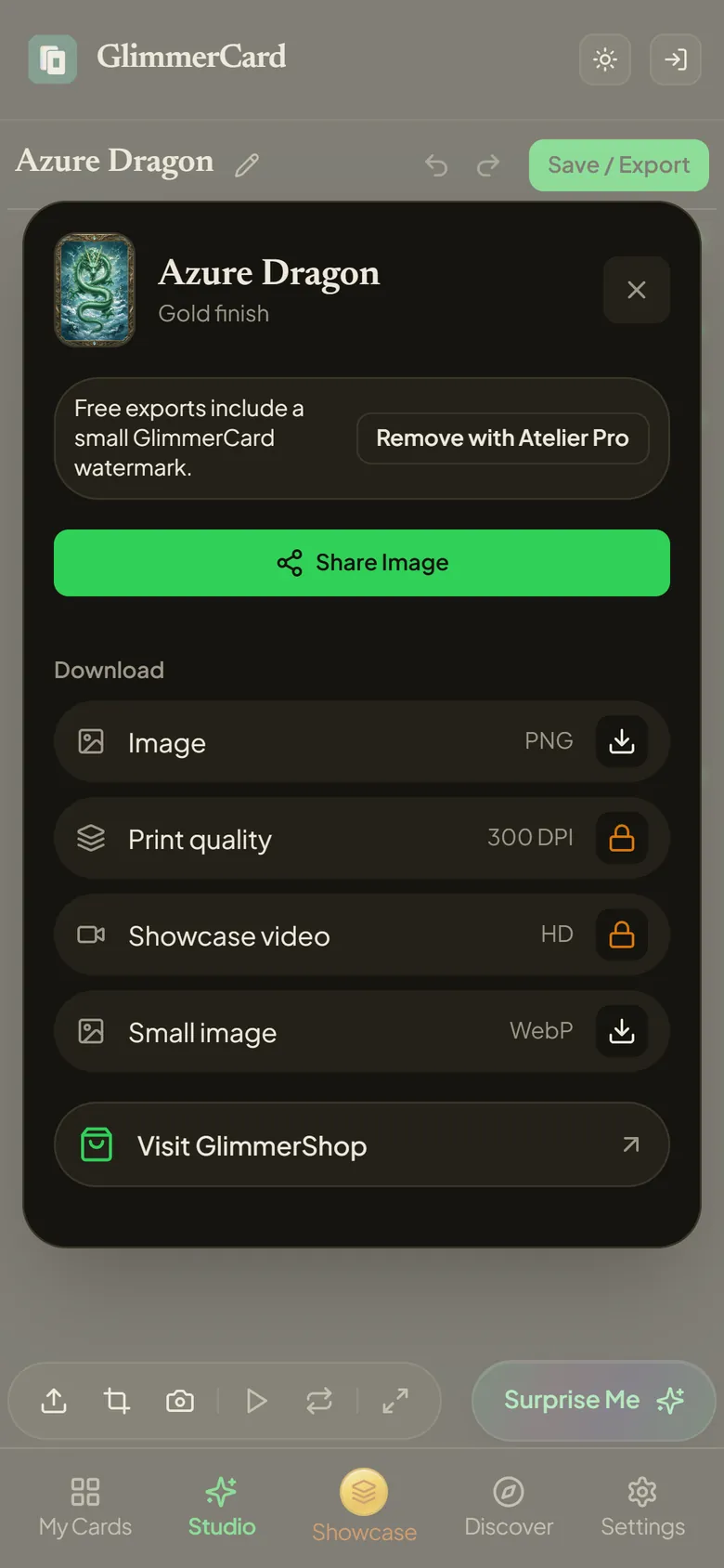 The Export and Share dialog for the Azure Dragon card