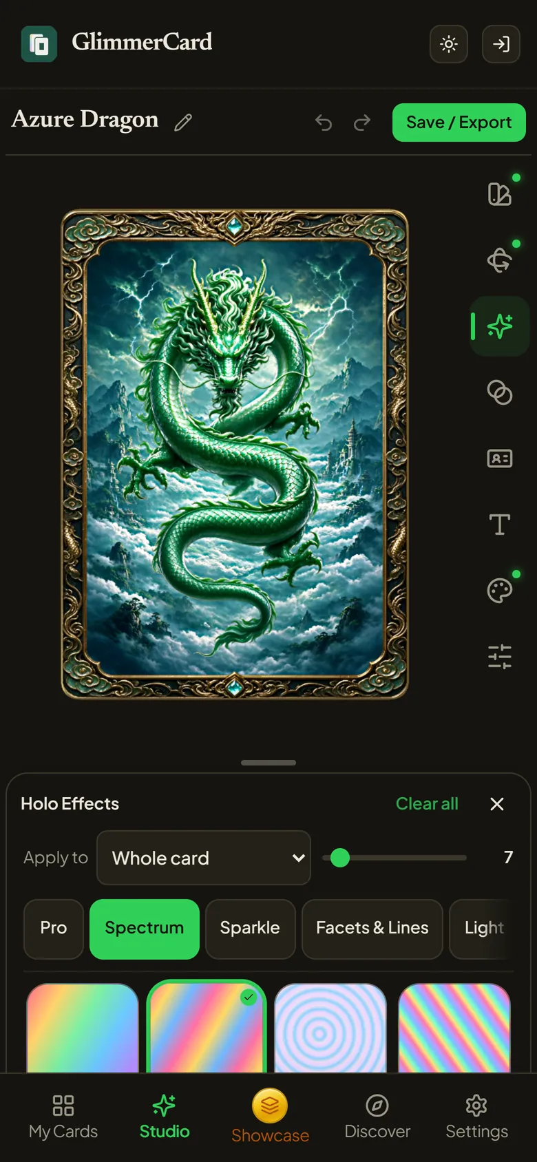 Studio on a phone with the Holo Effects panel